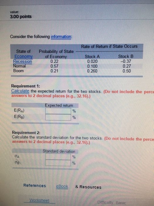  Consider the following information: Calculate the expected return for the two