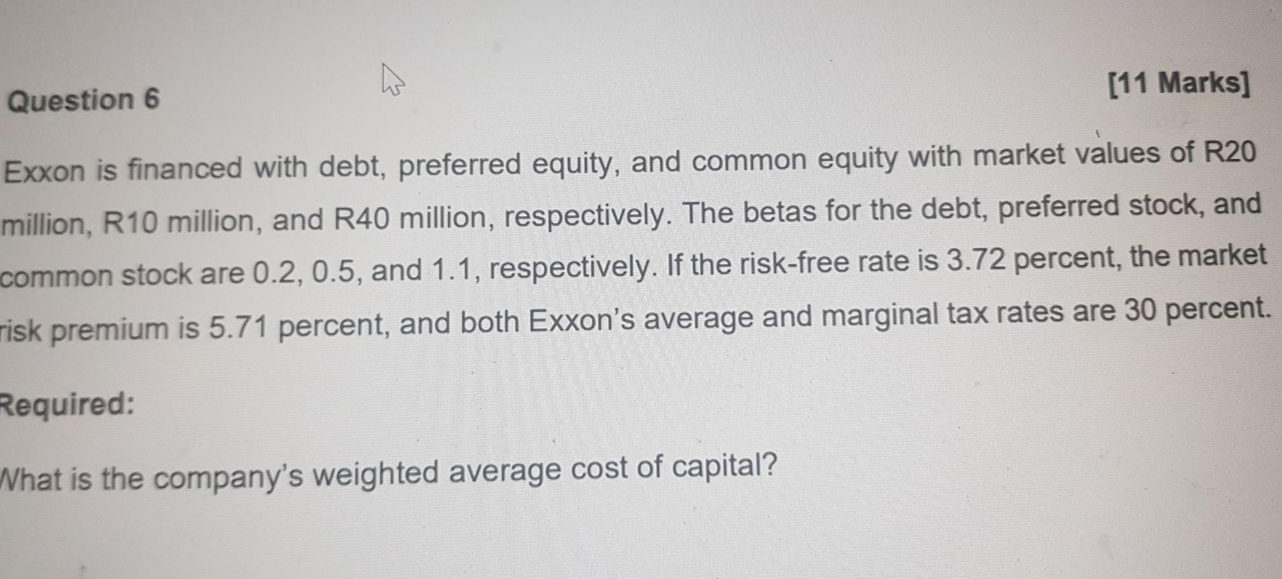  w [11 Marks] Question 6 Exxon is financed with debt, preferred