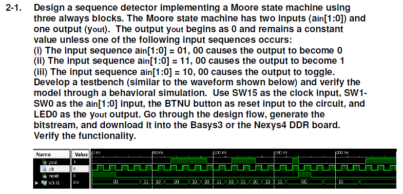 In Verilog 2-1. Design a sequence detector implementing a Moore state machine