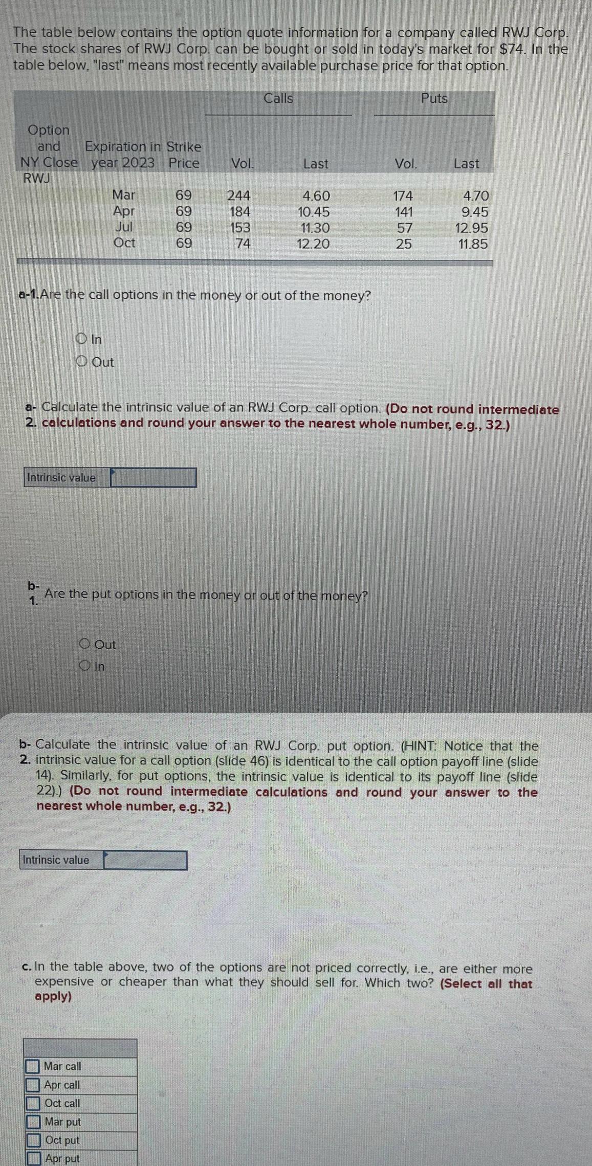 The table below contains the option quote information for a company
