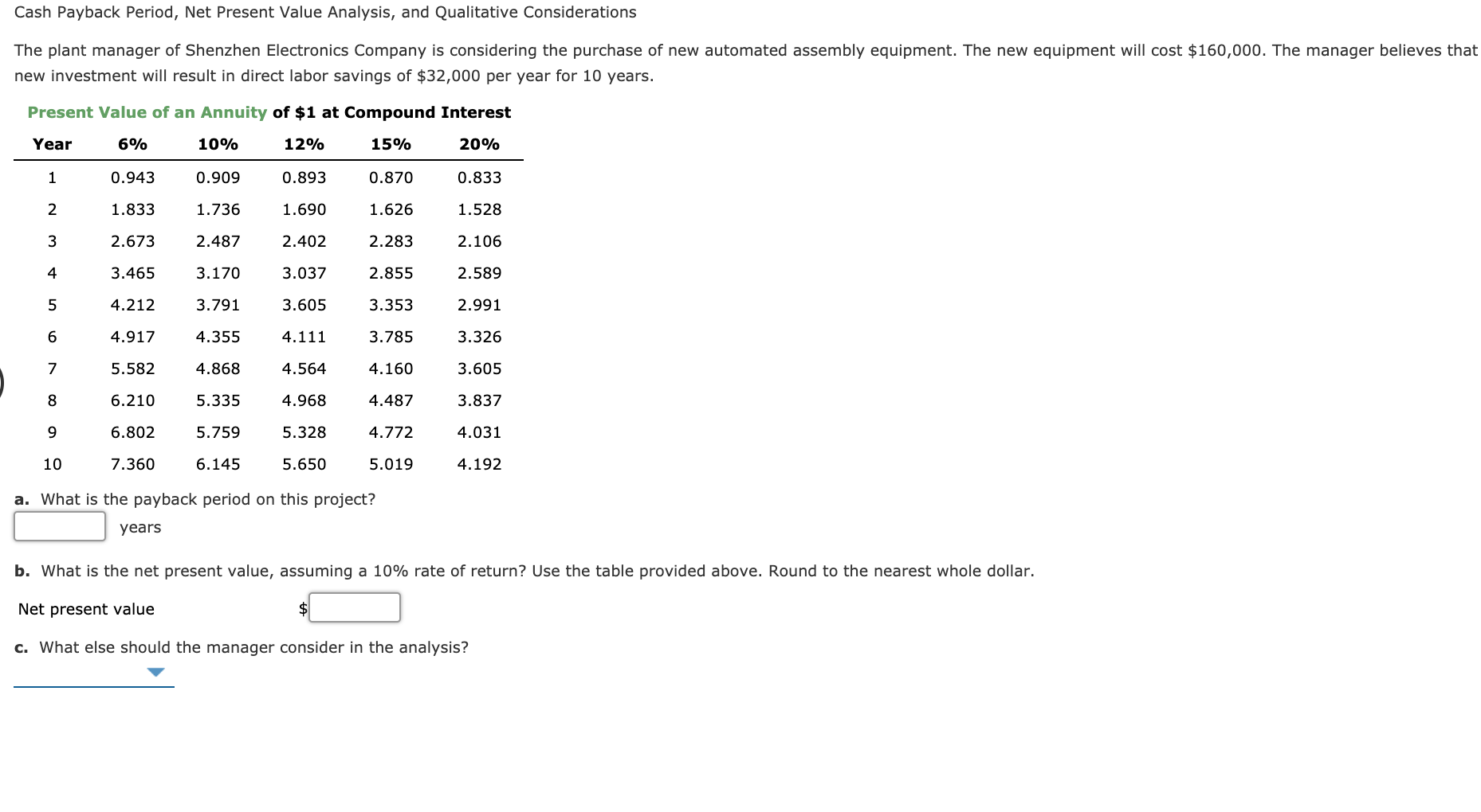 Cash Payback Period, Net Present Value Analysis, and Qualitative Considerations The plant