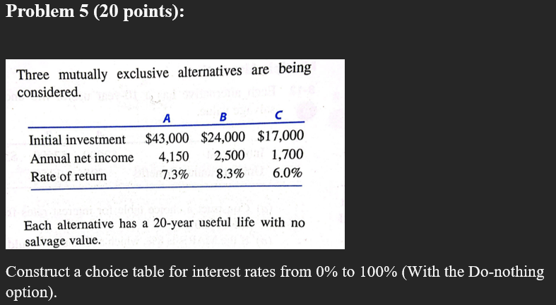  Three mutually exclusive alternatives are being considered. Each alternative has a