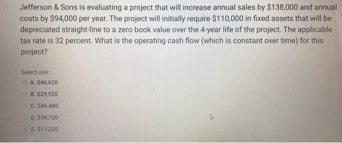  Jefferson & Sons is evaluating a project that will increase annual