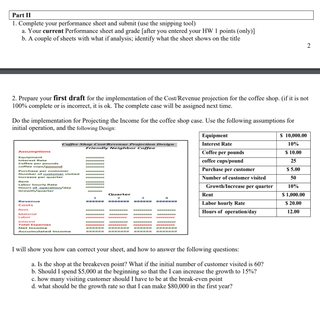 Part II 1. Complete your performance sheet and submit (use the