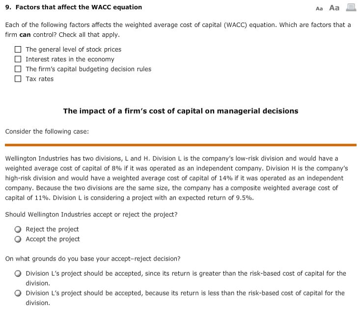  9. Factors that affect the WACC equation Aa Aa Each of