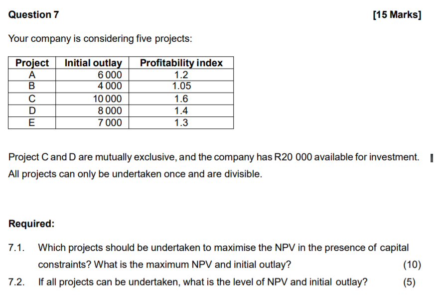  Question 7 [15 Marks] Your company is considering five projects: Project