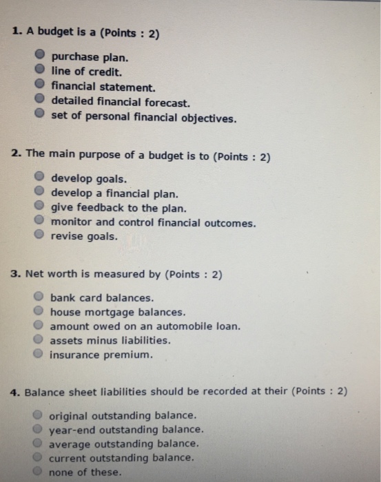  1. A budget is a (Points 2) purchase plan line of