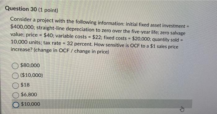  Question 30 (1 point) Consider a project with the following information: