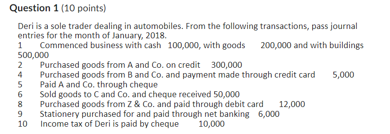  Question 1 (10 points) Deri is a sole trader dealing in