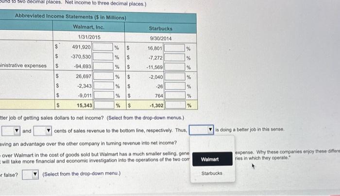to net income? (Select from the drop Walmart and Starbucks bring Where