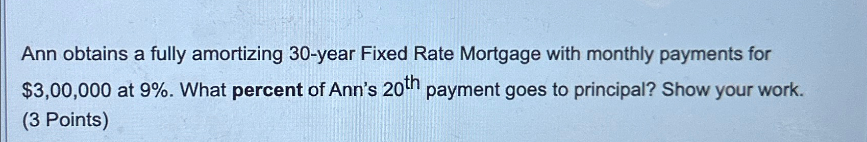 Ann obtains a fully amortizing 30-year Fixed Rate Mortgage with monthly