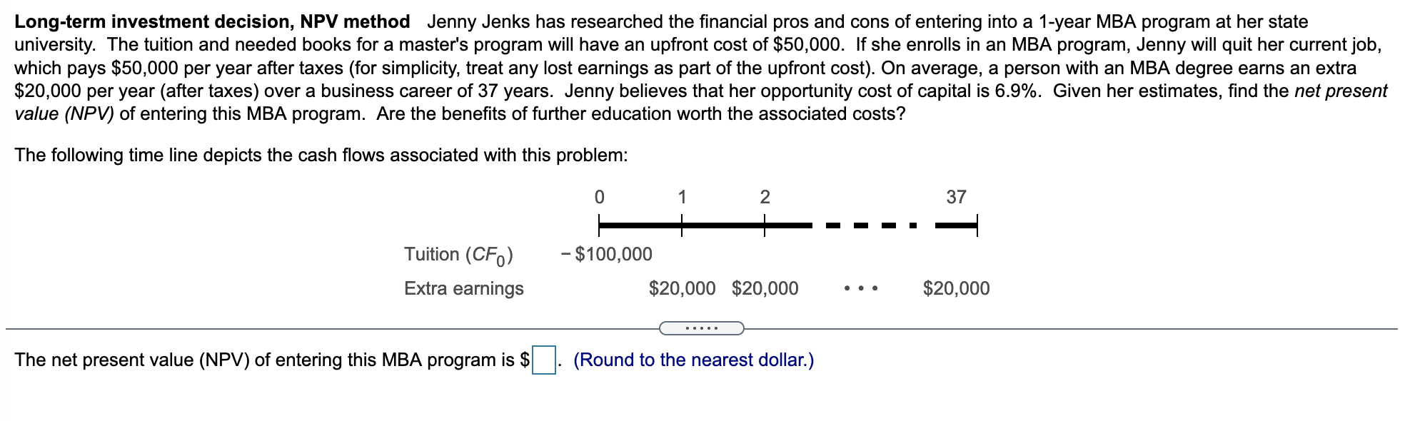 Please help me solve this. Long-term investment decision, NPV method Jenny Jenks