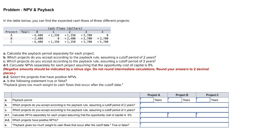  Problem - NPV & Payback In the table below, you can
