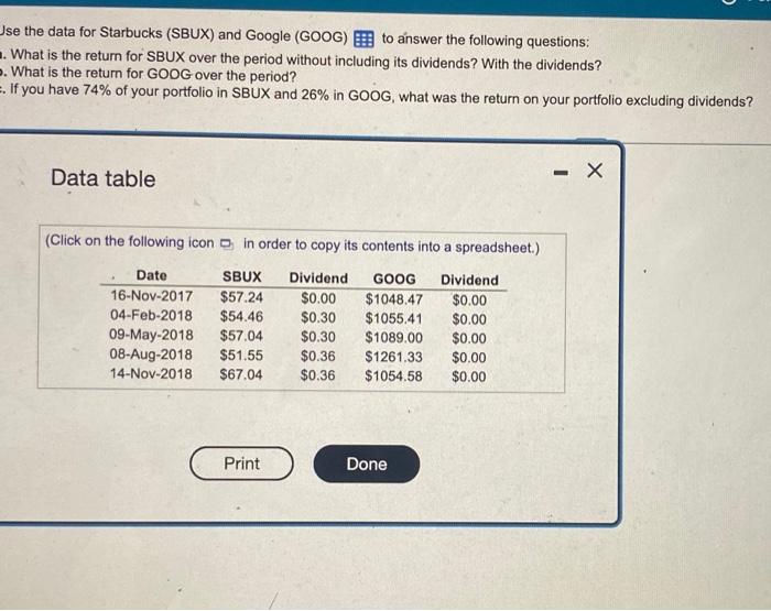please answer a,b,c thanks! se the data for Starbucks (SBUX) and Google