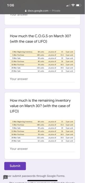  - 1:06 docs.google.com - Private your answer How much the C.O.G.S