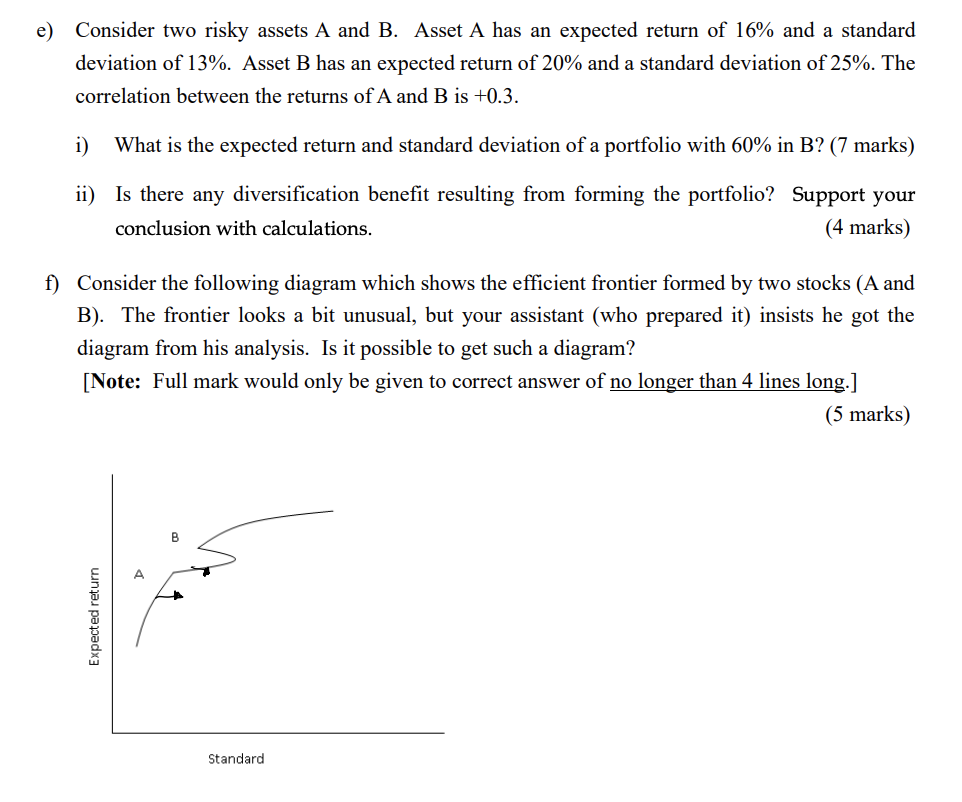 e) Consider two risky assets A and B. Asset A has an