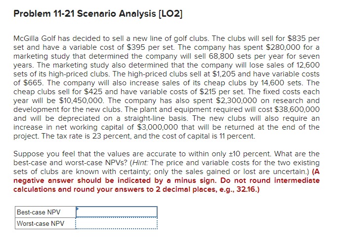  Problem 11-21 Scenario Analysis [LO2] McGilla Golf has decided to sell