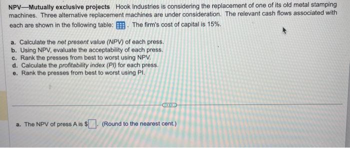  NPVMutually exclusive project. Hook Industries is considering the replacement of one
