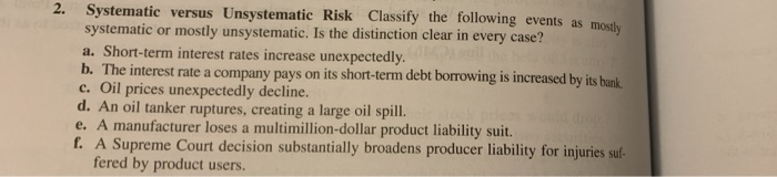  2. Systematic versus Unsystematic Risk Classify the following events as most