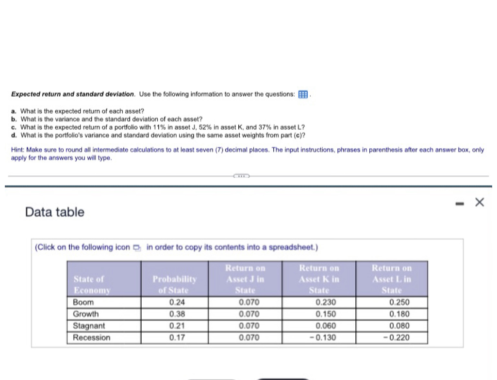 This is a long question but please help. Expected return and standard