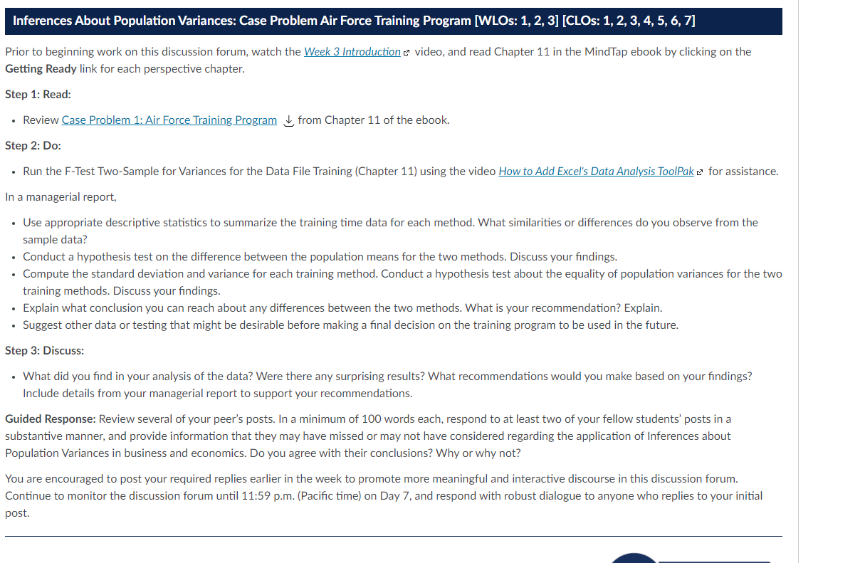  Inferences About Population Variances: Case Problem Air Force Training Program (WLOS: