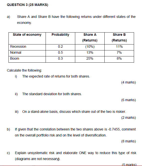 QUESTION 3 (25 MARKS) a) Share A and Share B have