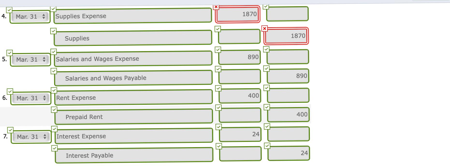 Journalize the following adjustments. (Credit account titles are automatically indented when the