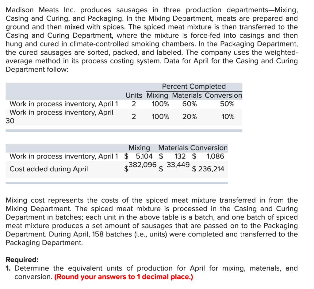 please answer will rate no work needed Madison Meats Inc. produces sausages