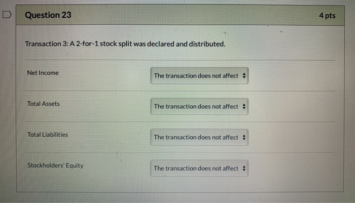  Question 23 4 pts Transaction 3: A 2-for-1 stock split was