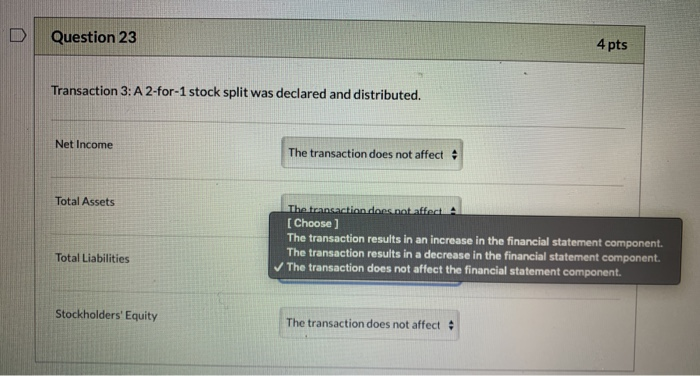 Stockholders' Equity The transaction does not affect Question 23 4 pts Transaction
