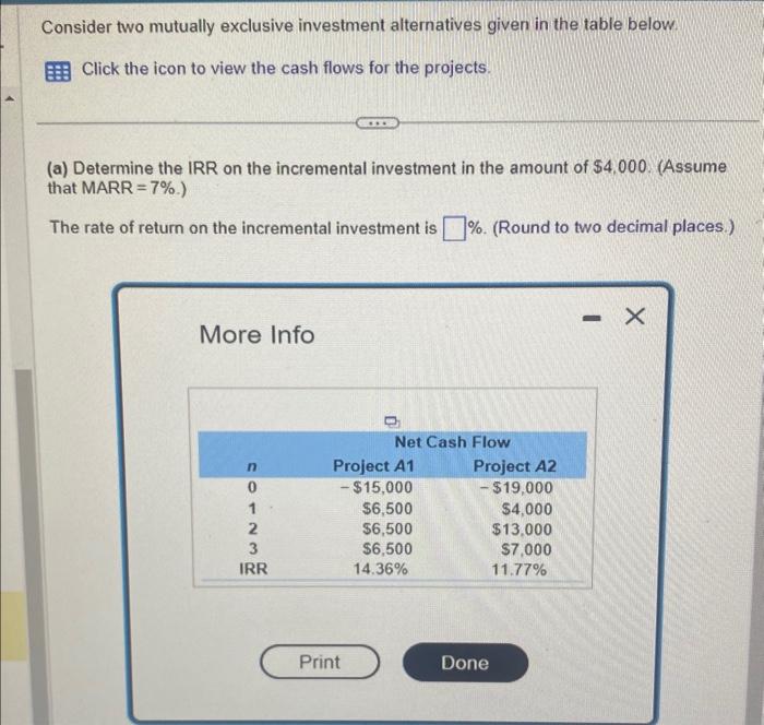  Consider two mutually exclusive investment alternatives given in the table below.