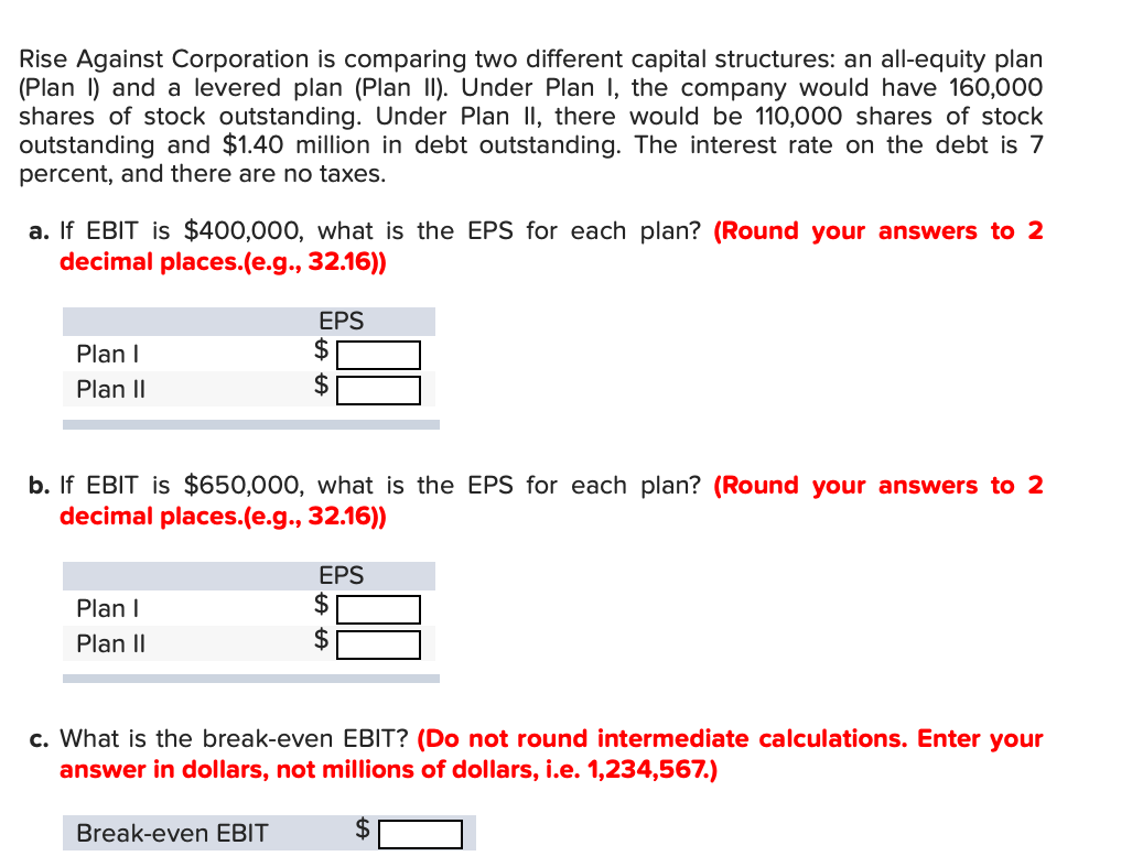  Rise Against Corporation is comparing two different capital structures: an all-equity