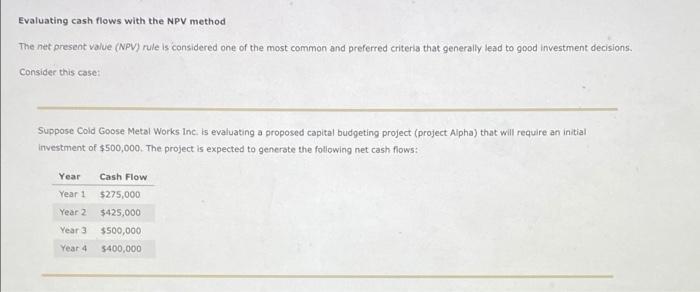  please dont cut off answer Evaluating cash flows with the NPV