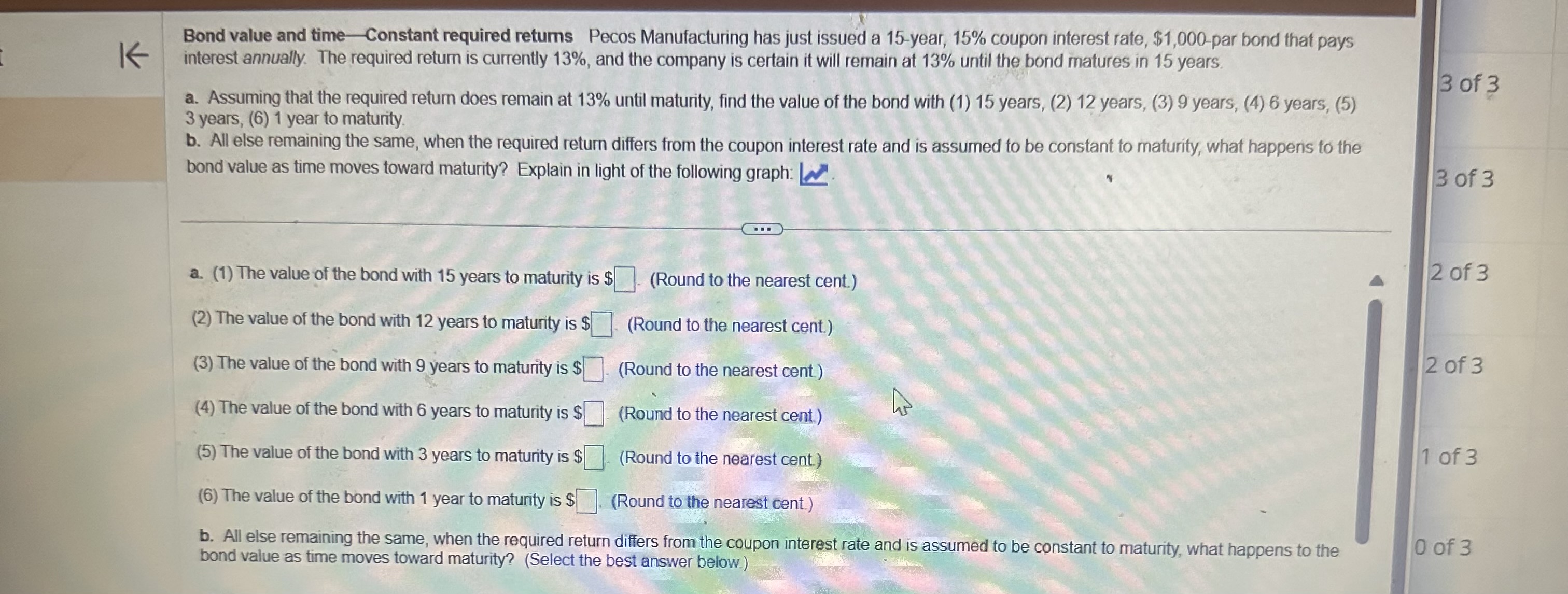 Bond value and time - Constant required returns Pecos Manufacturing has