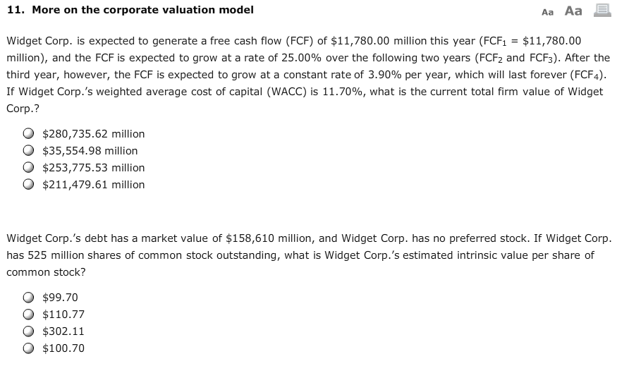 11. More on the corporate valuation model Aa Aa E Widget