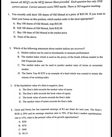  Answer all MC2's on the MC04nswer Sheerprovided. Each question has only