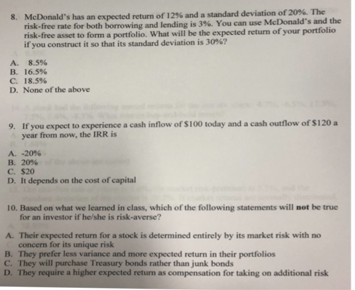  Please help with all 3! McDonald's has an expected return of