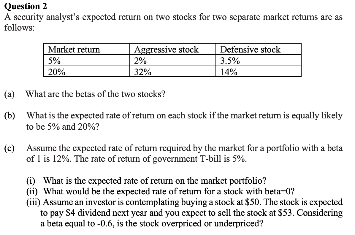  Question 2 A security analyst's expected return on two stocks for