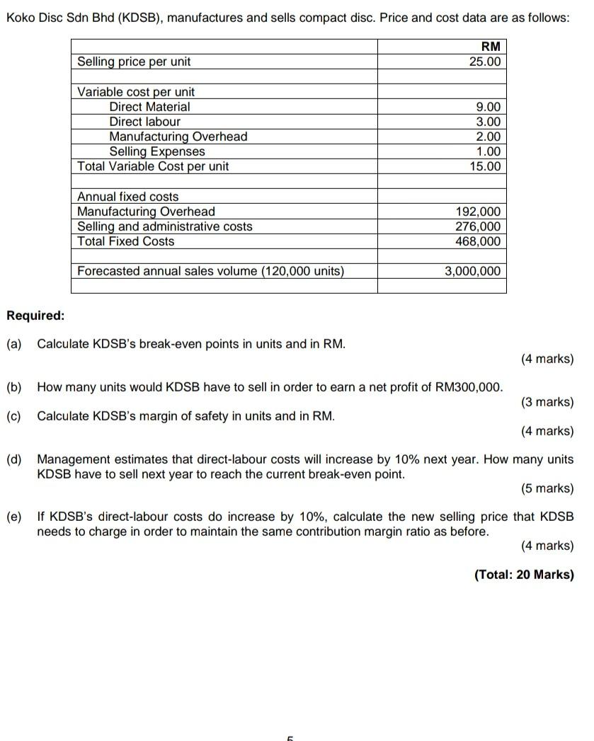 need help with this please Koko Disc Sdn Bhd (KDSB), manufactures