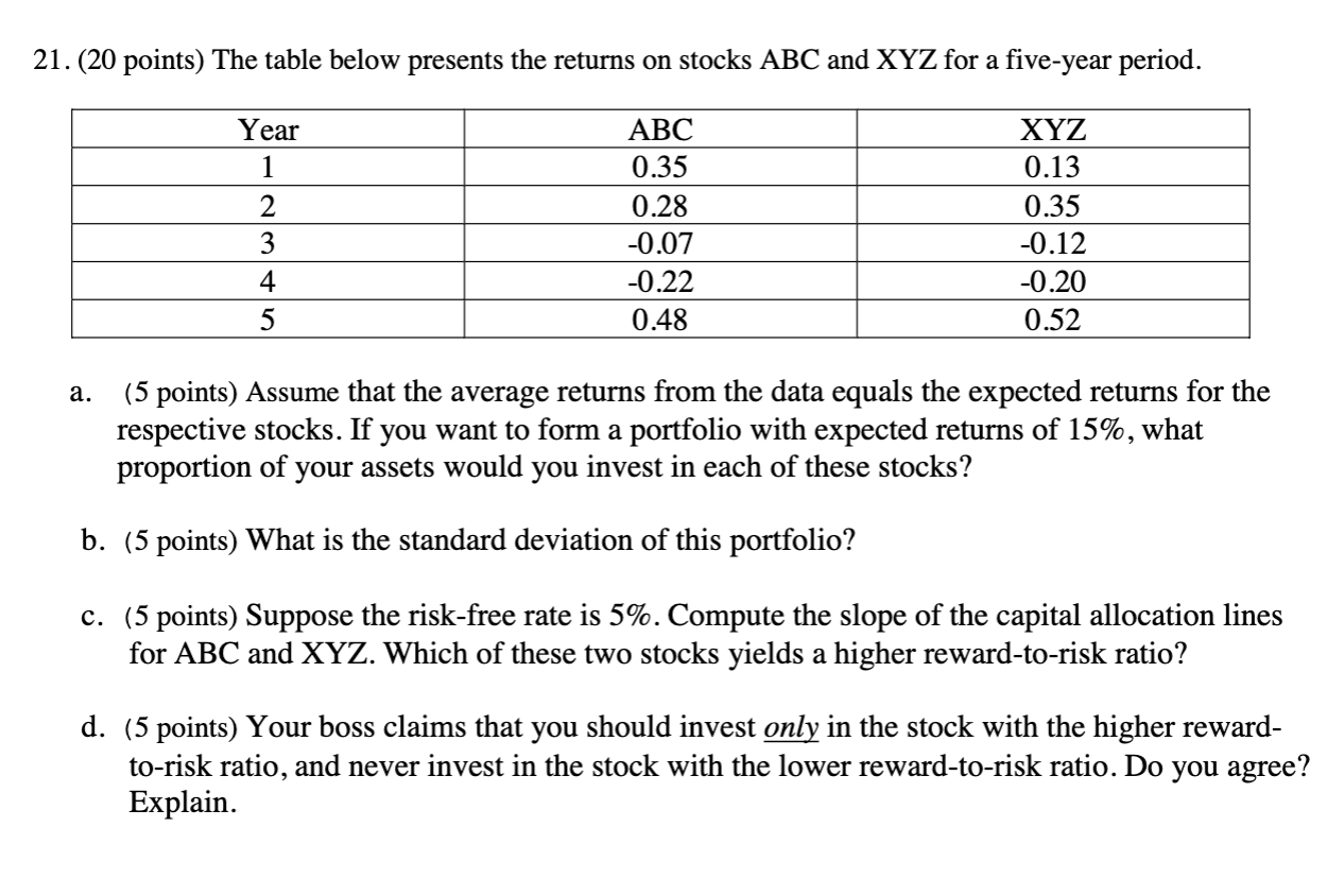  1. (20 points) The table below presents the returns on stocks