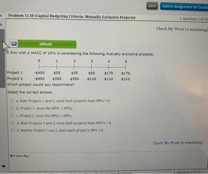  Save Submit Assignment for Gradir S Problem 11.10 (Capital Budgeting Criteria: