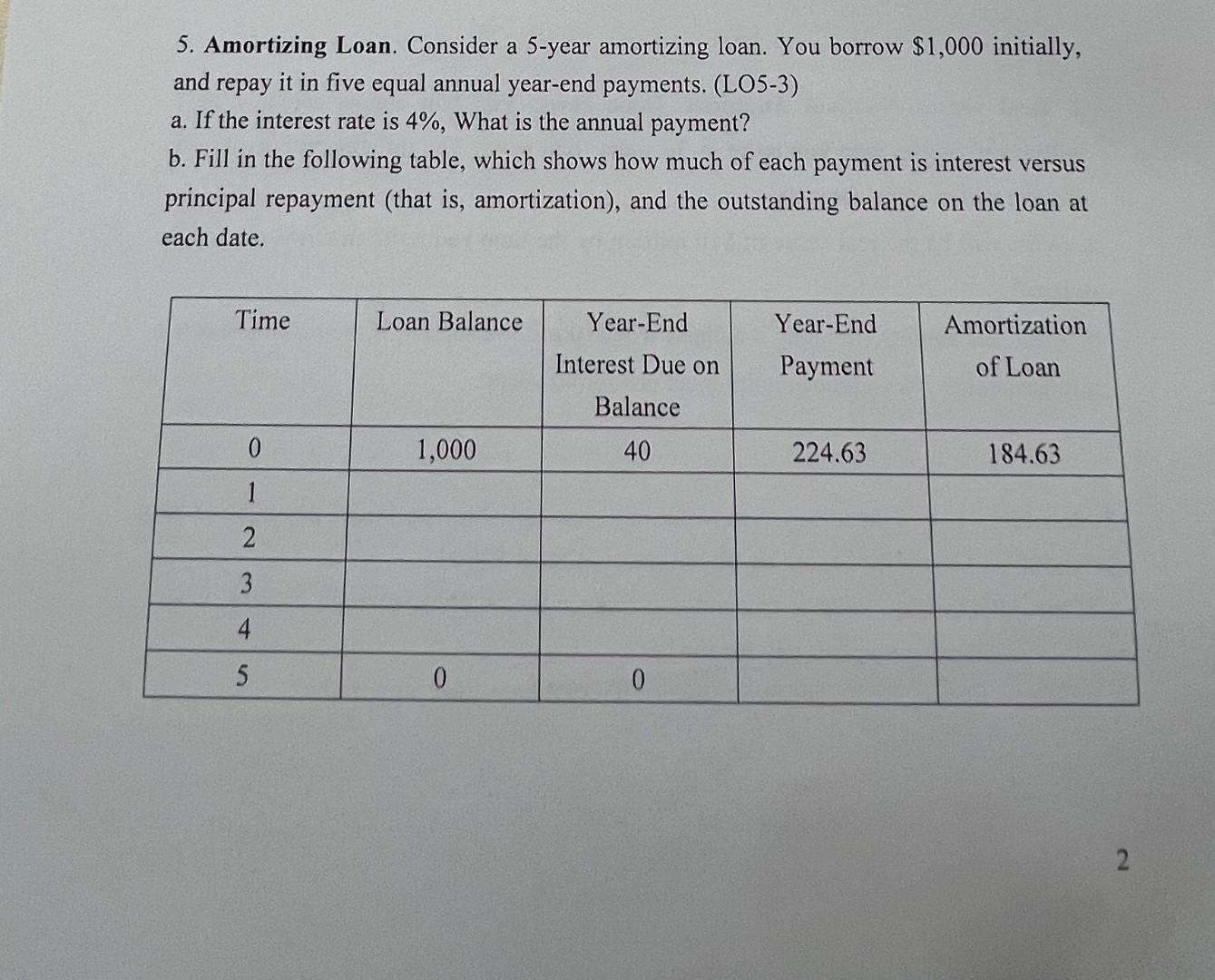 5. Amortizing Loan. Consider a 5-year amortizing loan. You borrow $1,000