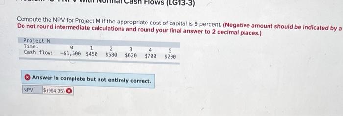  Compute the NPV for Project M if the appropriate cost of
