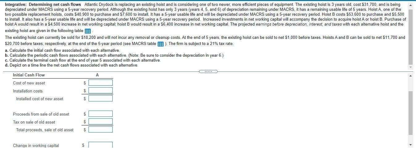  Integrative: Determining net cash flows Atlantic Drydock is replacing an existing