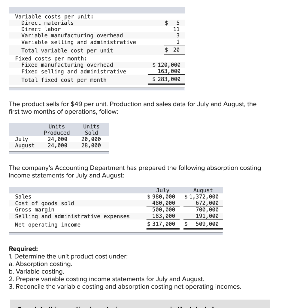  Variable costs per unit: Direct materials Direct labor Variable manufacturing overhead