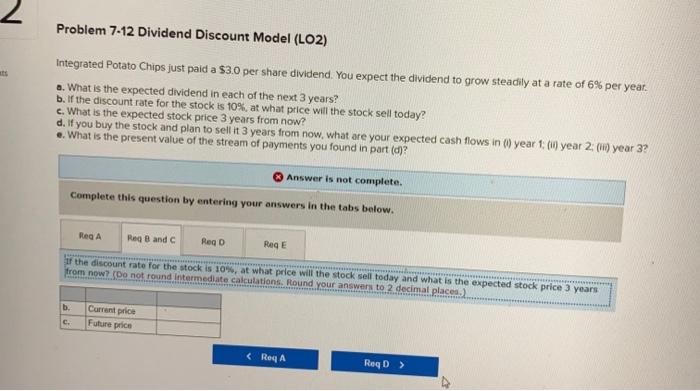 Problem 7-12 Dividend Discount Model (LO2) Integrated Potato Chips just paid