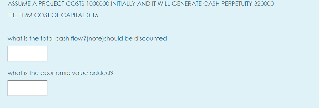 ASSUME A PROJECT COSTS 1000000 INITIALLY AND IT WILL GENERATE CASH