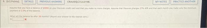  10/2 Points DETAILS PREVIOUS ANSWERS CRAUDQL344.0198 MY NOTES PRACTICE ANOTHER Asume