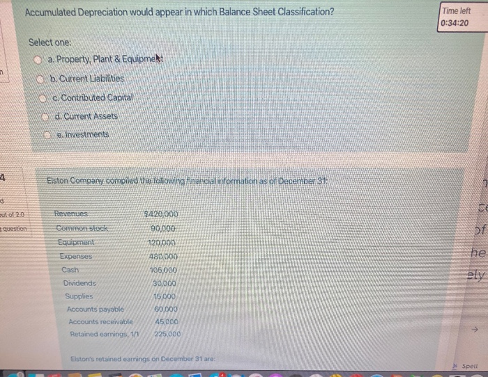  Accumulated Depreciation would appear in which Balance Sheet Classification? Time left