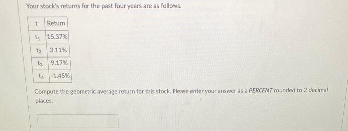 as follows. Your stock's returns for the past four years are as